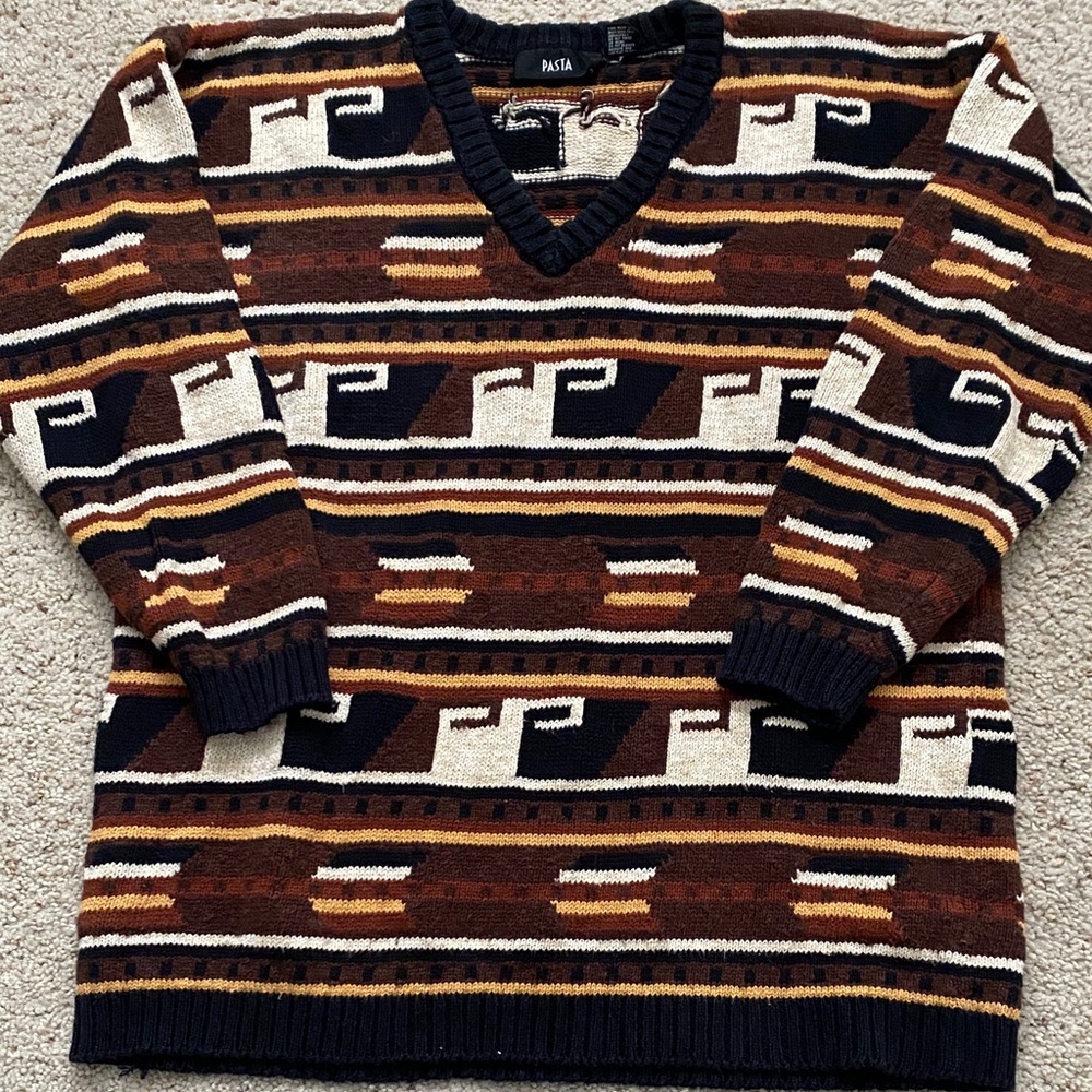 Vintage PASTA Ramie/Cotton V-Neck Sweater. L. Southwest Pattern.